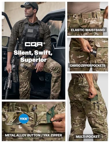 CQR Men's Flex Stretch Tactical Pants 36W x 32L, Water-Resistant Ripstop Cargo, Lightweight Outdoor Work Hiking Pants, Tempest Camo
