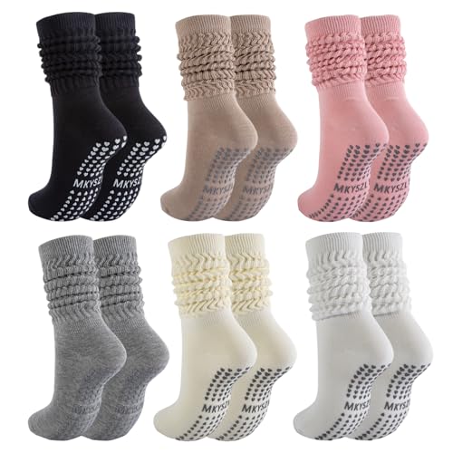 Pilates Socks with Grips for Women - Yoga Barre Slouch Scrunch Socks - White, Black, Khaki, Gray, Pink, Beige - Variation 2