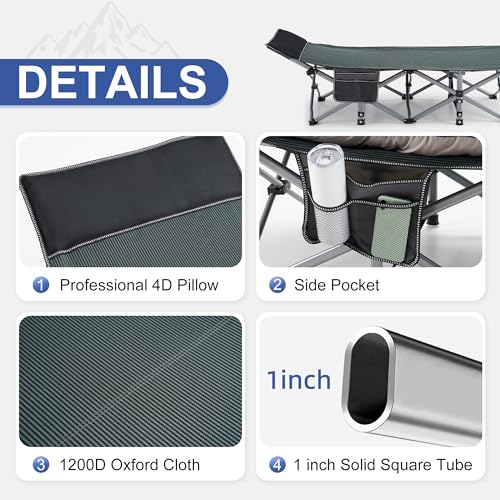 Fragess Camping Cot with Mattress & Pillow - Portable Double Layer Oxford Grey+Black