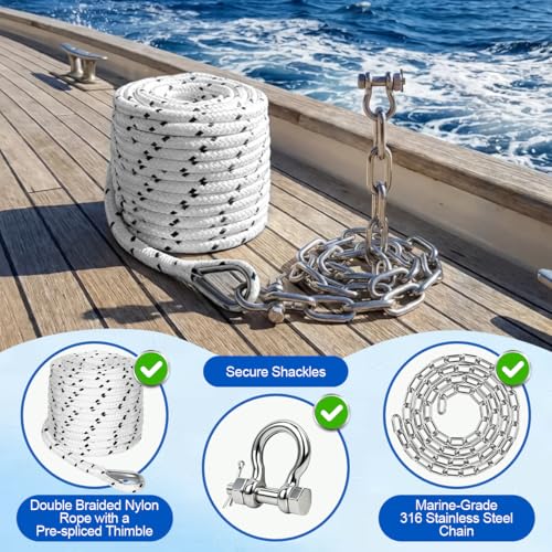 Boat Anchor Rope & Chain Kit - 1/2" x 200 ft Double Braided Nylon with 316 Stainless Steel Chain and Hardware