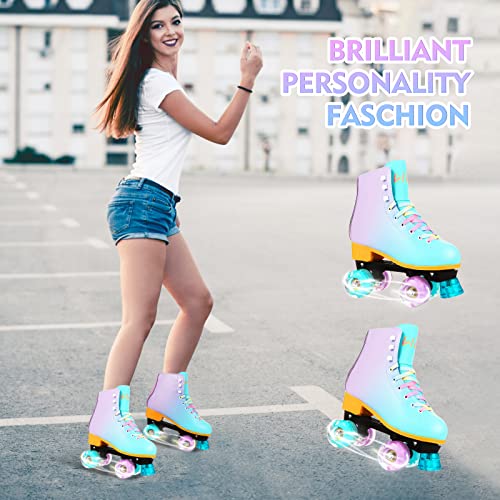 LIKU Purple Quad Roller Skates for Girls & Women, Light-Up All Wheels, Indoor & Outdoor Fun, Size 5-6