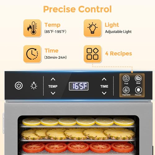 Suteck Silver Food Dehydrator 12 Trays with 4 Presets, Stainless Steel Kitchen Appliance