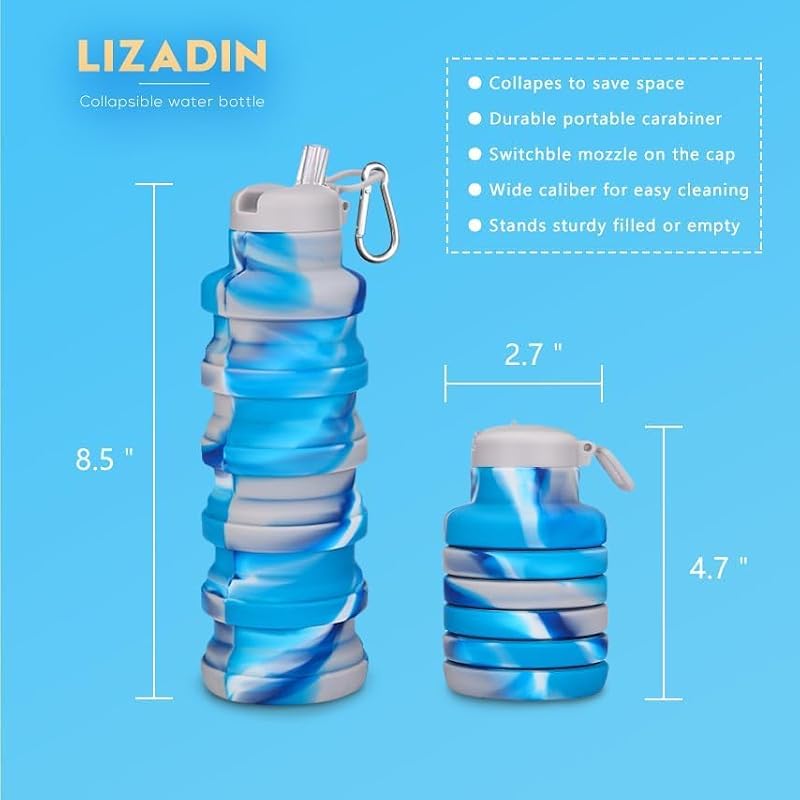 2 Pack Collapsible Water Bottles 500ml with Brush - Black & Aqua Blue