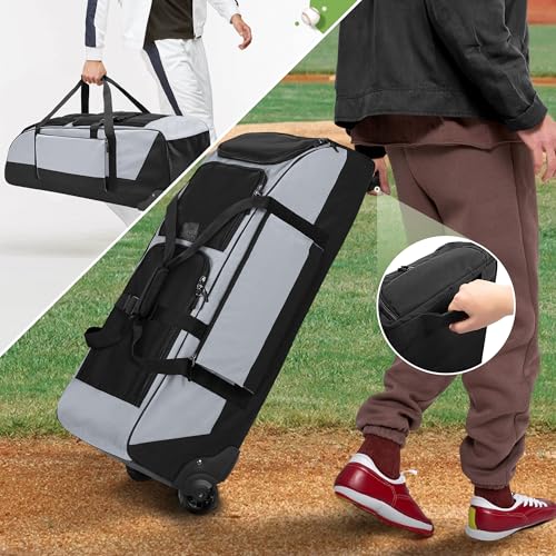 GOBUROS Rolling Baseball & Softball Gear Bag with Wheels, Multiple Pockets