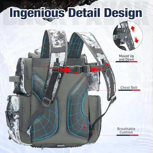 Piscifun Camouflage Fishing Tackle Backpack with 2 Rod Holders, 4 Boxes & Rain Cover - VEIL Model