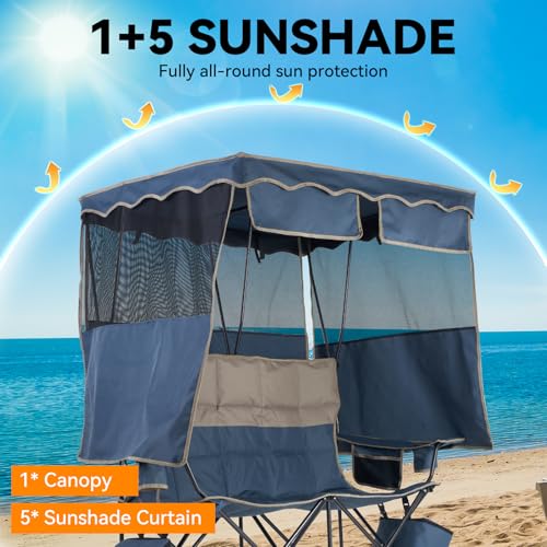 Double Camping Chair with Canopy - Blue, Supports 450LBS, Portable & Comfortable