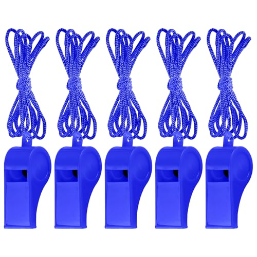 Blue Plastic Sports Whistles Bulk with Lanyard - Loud Referee & Party Sound