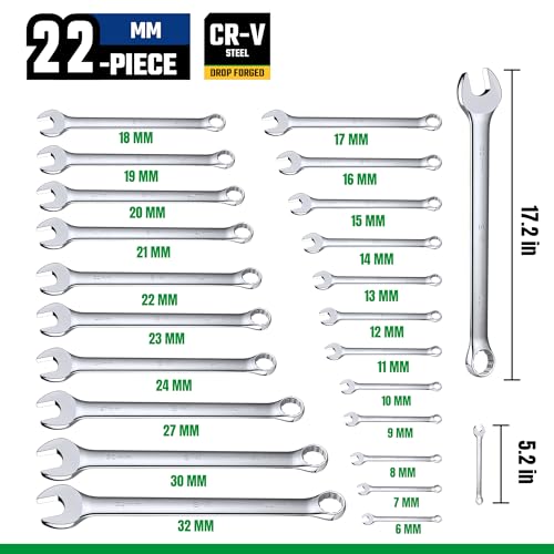 SK Combination Wrench Set Metric 6-32mm, 22-Piece, Premium CR-V Steel