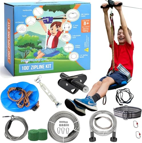 Hyponix 100 ft Zip Line Kit for Backyard Kids & Adults - Safe & Durable Outdoor Play Equipment - Up to 350 lbs, Variation: 100' Zipline Kit