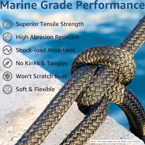 PACTHSD 2 Pack 5/8" x 50' Double Braided Nylon Boat Dock Lines with 16" Eyelet, Marine-Grade Rope for Secure Docking