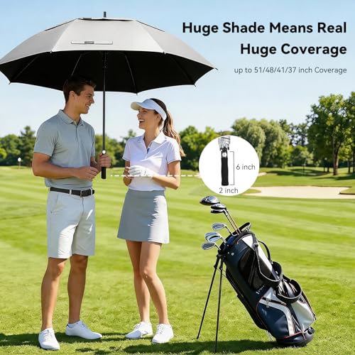 UV Protection Golf Umbrella 68 Inches Windproof Sun Shade with Double Canopy - Black & Silver