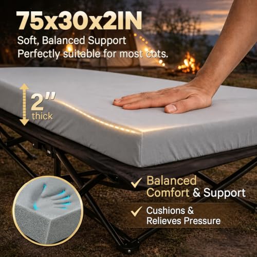 Grey Camping Cot Pad 2-Inch Memory Foam for Folding Cots - Portable, Waterproof, Non-Slip