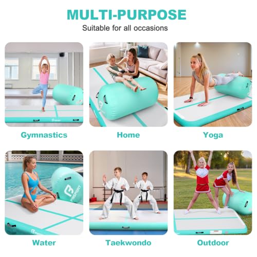 FBSPORT Inflatable Gymnastics Mat & Air Roller Set 10ft x 3.3ft x 4in with Electric Pump for Home & Outdoor Training