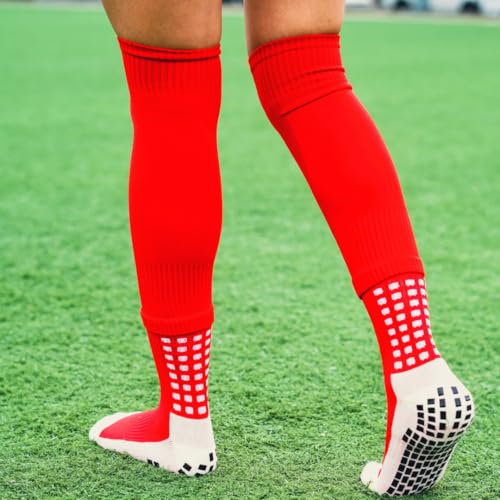 Soccer Grip Socks with Leg Sleeves - Anti-Slip Performance with Shin Guard Straps - One Size Red