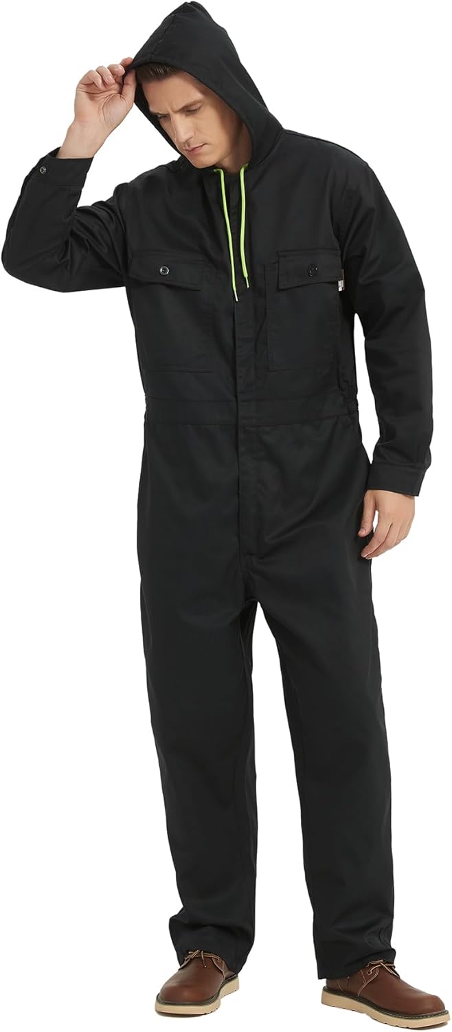 Skiennix Men's Cotton Blend Long Sleeve Coverall - Multi-Pocket Mechanic Work Jumpsuit with Hood