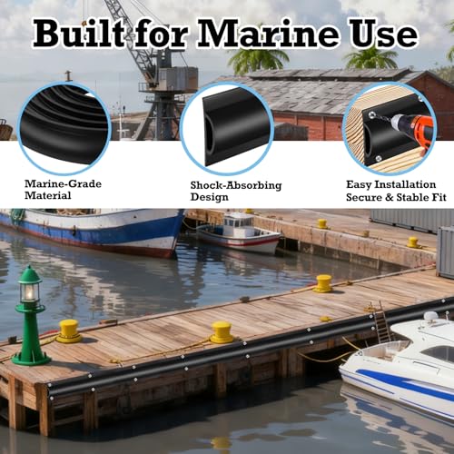 26ft Black Boat Dock Bumpers with Mounting Screws - Piling & Pier Rub Rail Guard