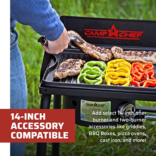 Camp Chef Explorer Two Burner Stove - 30,000 BTU Cast-Aluminum Camping Cooktop, Portable with Windshield
