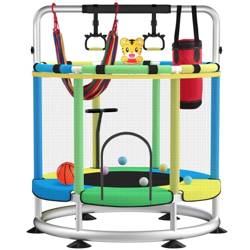 Kids Indoor Outdoor Trampoline with Basketball Hoop - Adjustable Light Blue & Green