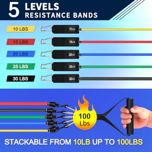 WHATAFIT Resistance Bands Set 10-100LB Colorful Stackable Exercise Bands with Handles