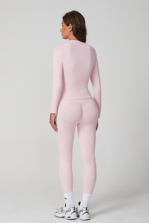 QINSEN Workout Set for Women Slim Fit Long Sleeve Athletic Tops High Waist Yoga Leggings Gym Sets Pink M