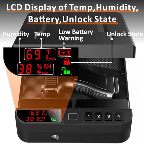 Portable Gun Safe with LCD Display Black - Biometric, Keypad & Key Lock for Travel & Home