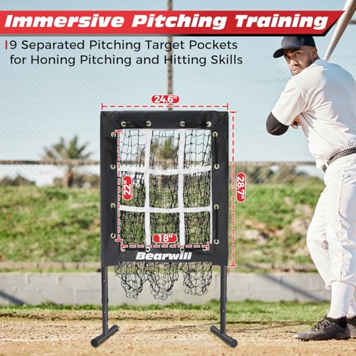 Bearwill 9-Hole Baseball Pitching Net with Strike Zone - Training Equipment for Pitch Accuracy