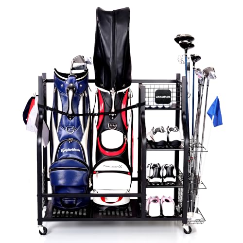 Logicexplore 2 Golf Bag Storage Organizer Rack with Rolling Wheels - Heavy-Duty Metal Garage Golf Gear Holder