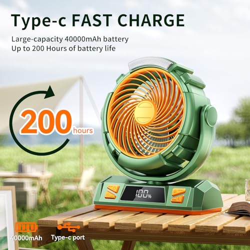 Camping LED Fan with Light 40000mAh Rechargeable Battery & Hook - Green M23