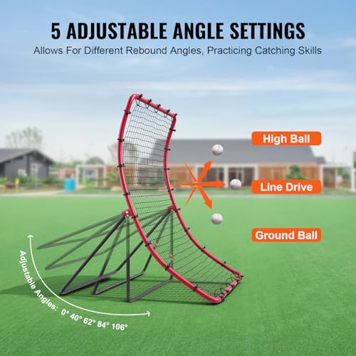 VEVOR 4x5.5 Ft Red Baseball Softball Rebounder Net with Adjustable Angles and Steel Frame