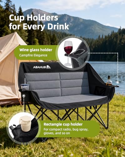 Abahub Double Loveseat Camping Chair Black-Grey Heavy-Duty Portable Folding Outdoor Seating