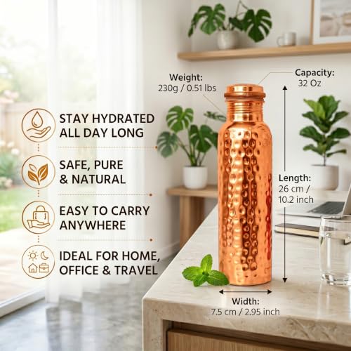 Copper Hammered Water Bottle - 32 oz Pure Copper Ayurvedic Drinking Vessel with Leak-Proof Lid - Variation of THIS listing