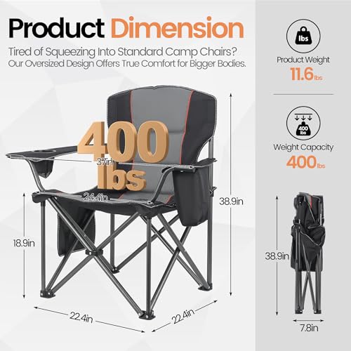 WEIDIORME 2-Pack Heavy Duty Oversized Camping Chairs 400lbs with Lumbar Support Black