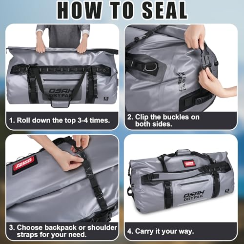 OSAH DRYPAK Waterproof Roll-Top Duffel Bag Grey 90L Heavy Duty Outdoor Travel Bag