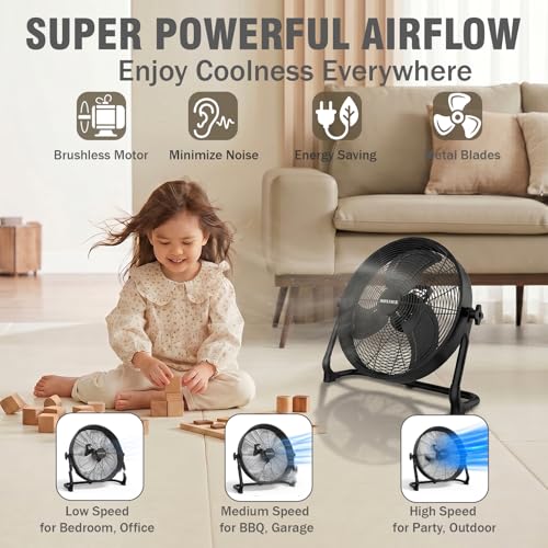 Black 18-Inch Solar Powered Fan with Metal Blades & Brushless Motor – Portable Rechargeable Floor Fan for Home, Outdoors, Camping