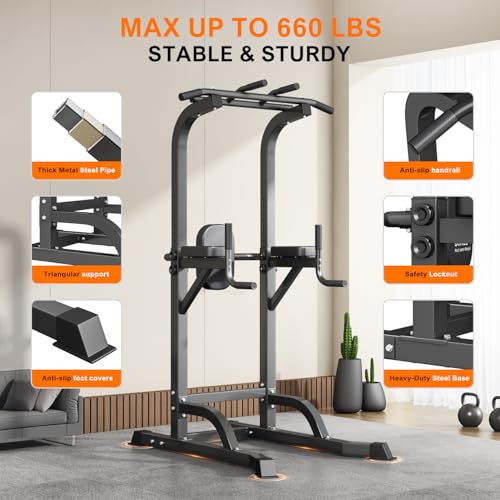 DONIUZ Adjustable Power Tower Pull Up & Dip Station Black-02 Home Gym Equipment