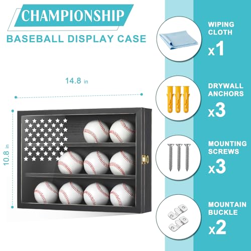 GYaozii Retro Baseball Display Case for 12 Balls with UV Protection Wood Frame - Black with Flag Detail