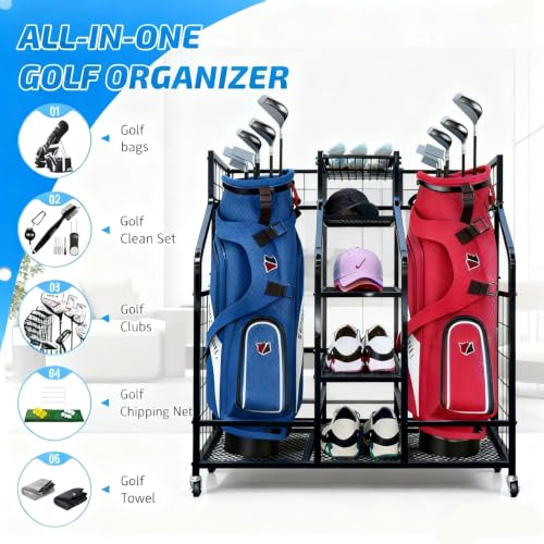Heavy Duty Steel Golf Bag Storage Rack with Wheels & Accessories Shelf