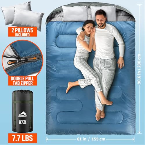 MEREZA Double Sleeping Bag for Adults XL Queen Size with Pillow, All-Season Camping & Hiking, Blue & Gray