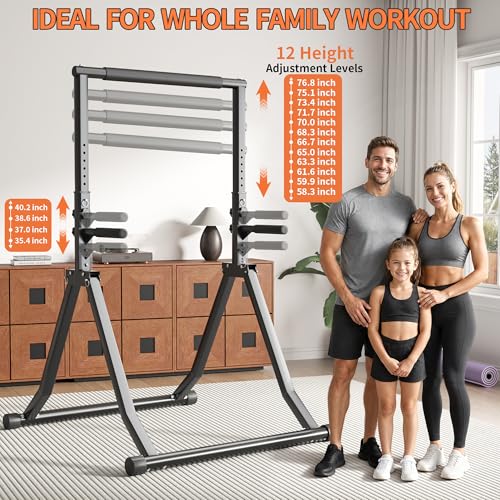 Foldable Pull Up Bar Station 58.3-76.8 Inch Power Tower with Dual Dip Handles