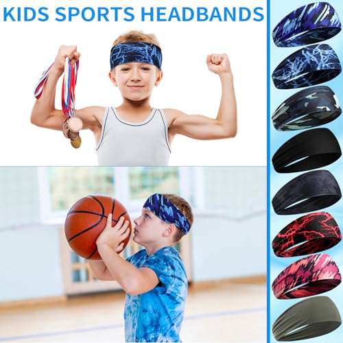 Vigorous Style Kids Athletic Sweatbands Headbands - 8 Pack, Breathable & Sweat-Wicking
