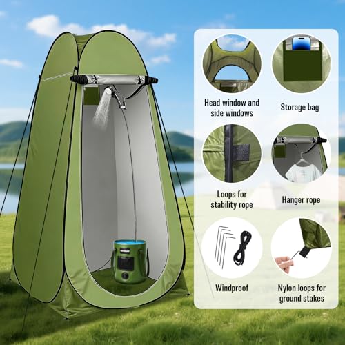 Zappyway 6.6 Gallon Portable Camping Shower with Heater & Tent - Rechargeable Water Pump, Foldable Bucket, LED Light, Car Wash & Pet Bathing