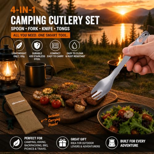 4-in-1 Camping Cutlery Set with Built-in Tongs Stainless Steel Compact Utensils