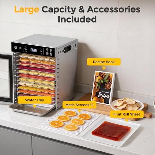 Suteck Silver Food Dehydrator 12 Trays with 4 Presets, Stainless Steel Kitchen Appliance