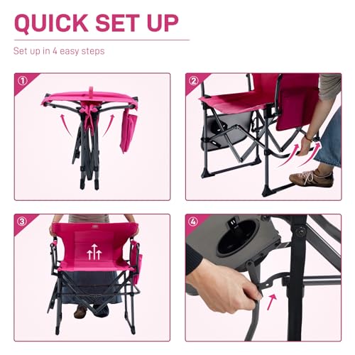Pink Camping Directors' Chair with Side Table - Heavy Duty Portable Folding Lawn Chair, Supports 400lbs