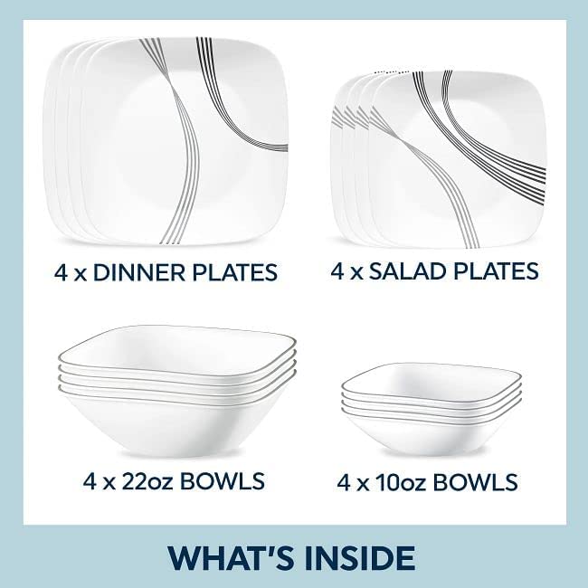 Corelle Urban Arc 16-Piece Dinnerware Set for 4 - Chip & Break Resistant White Plates & Bowls