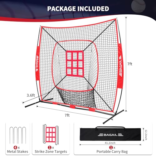 BAGAIL 7x7 ft Red Strike Zone Baseball & Softball Practice Net for Batting Hitting