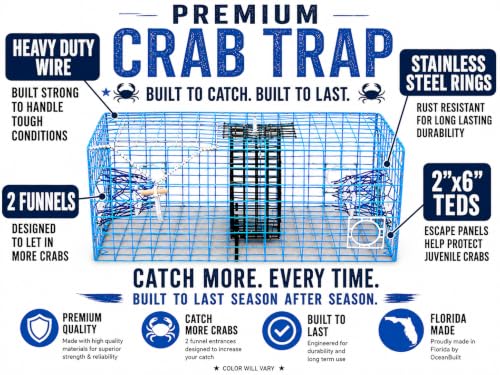 Medium Florida Blue Crab Trap - OceanBuilt, Handcrafted Crabbing Pot with Dual Funnels & Escape Rings - FL-Compliant