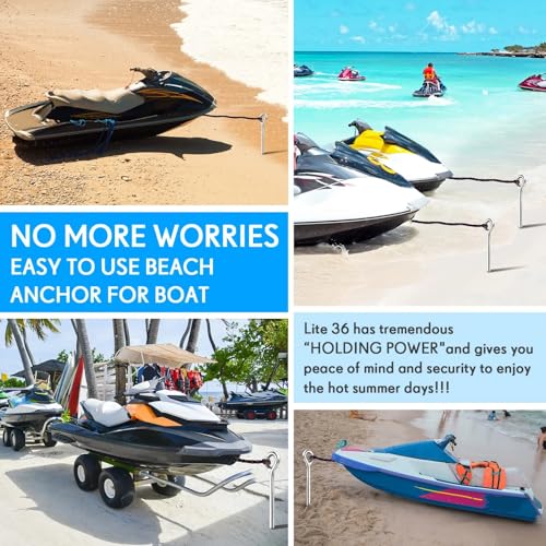 Pelopy 2 Pack 36 Inch Stainless Steel Sand Anchors with Removable Handle & Bungee Line for Beach & Watercraft Stability
