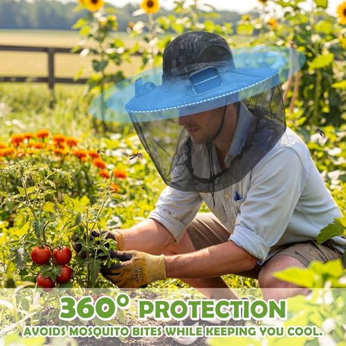 Mosquito Hat with Net and Solar Fan - Wide Brim Sun Protection for Outdoor Activities