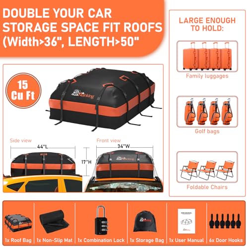 Asinking 15 Cu Ft Waterproof Car Roof Cargo Bag with Security Lock & Accessories
